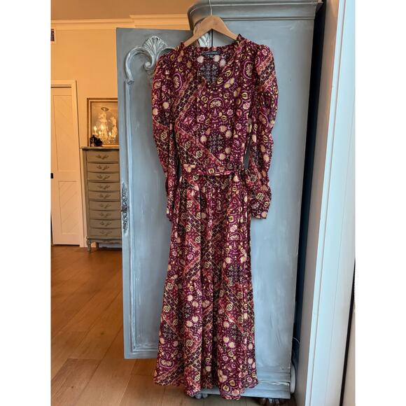 Julia Jordan Maxi Dress Sz 8 Boho Tiered Chiffon Burgundy Floral Long Sleeve - Picture 5 of 16